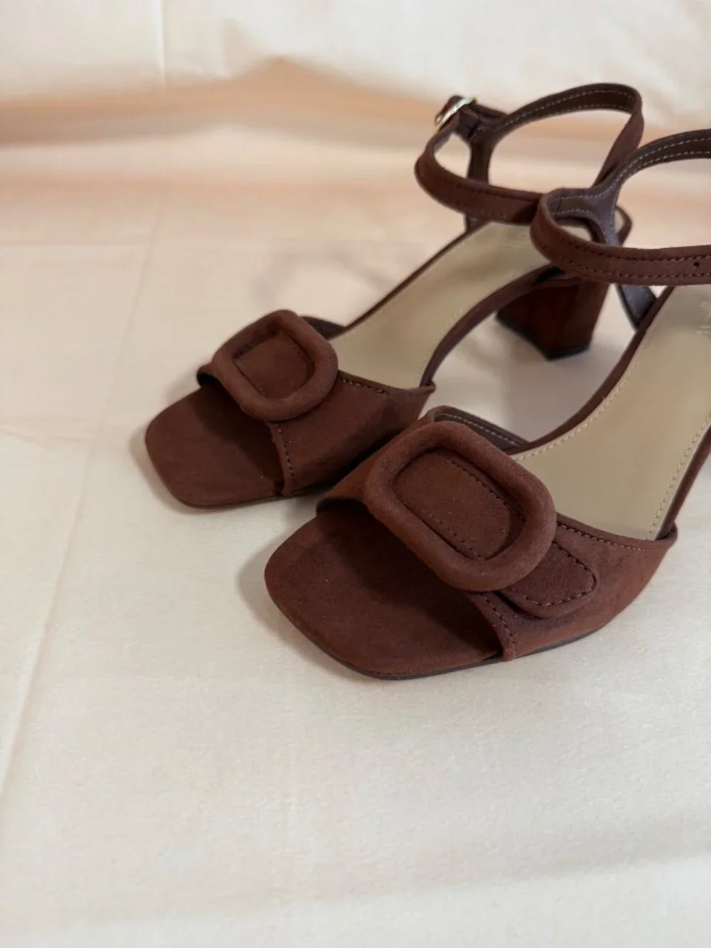 J. Crew Faux-suede buckle heeled sandals stylish comfortable Antique Oak Size 8